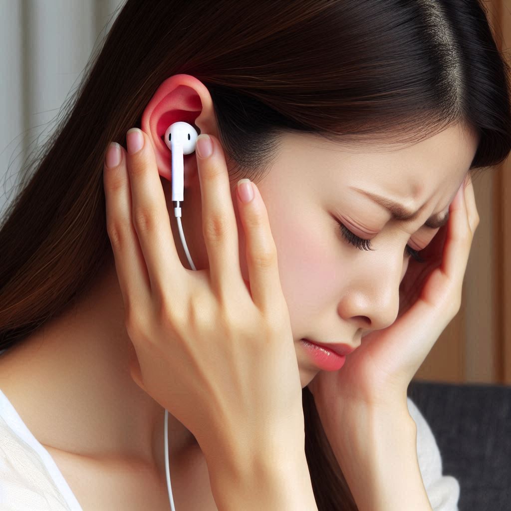イヤホンで耳が痛む女性のイメージ