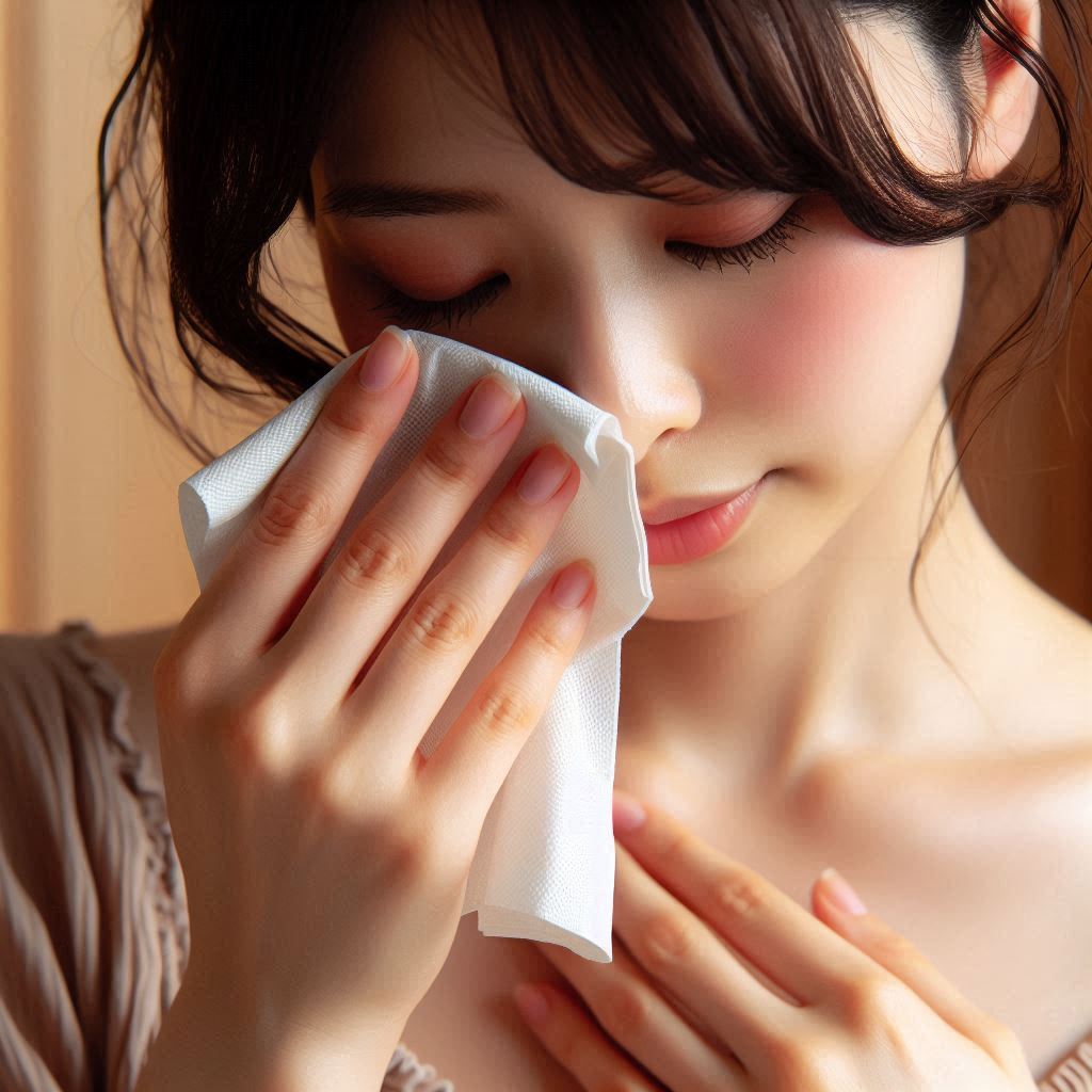顔に汗をかく女性 顔 汗 拭く様子