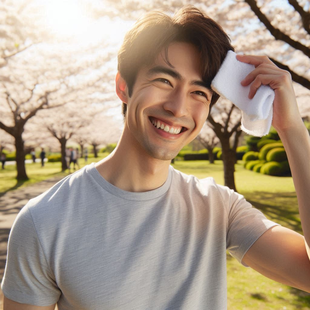 前向き男性 汗を拭う男性 笑顔 うれしい 嬉しい